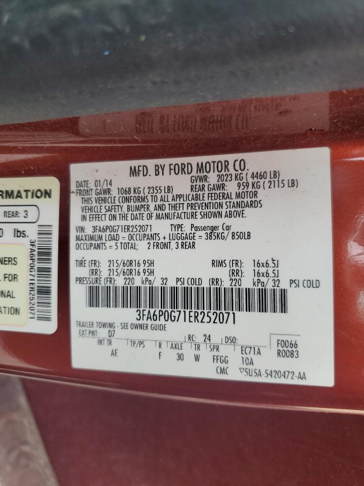 2014 Ford Fusion S VIN: 3FA6P0G71ER252071 Lot: 86438945