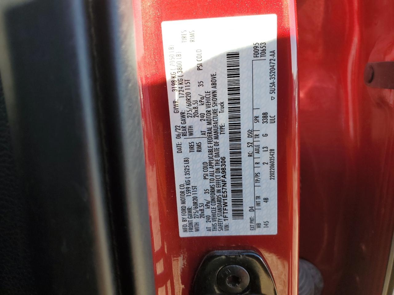 2022 Ford F150 Supercrew VIN: 1FTFW1E57NFA98306 Lot: 86803785