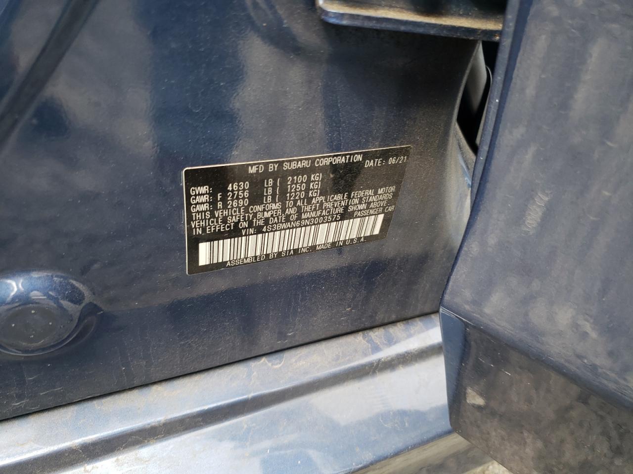 2022 Subaru Legacy Limited VIN: 4S3BWAN69N3003575 Lot: 85682025