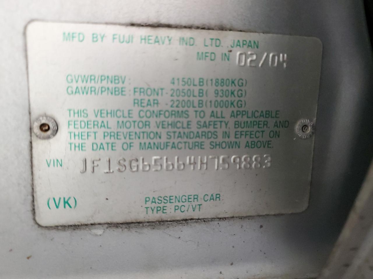 2004 Subaru Forester 2.5Xs VIN: JF1SG65664H759883 Lot: 84651935