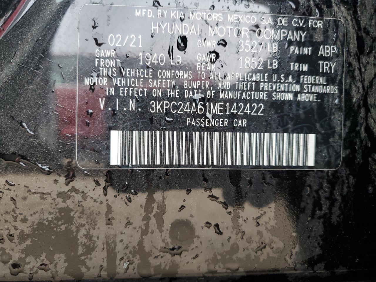 2021 Hyundai Accent Se VIN: 3KPC24A61ME142422 Lot: 85723915