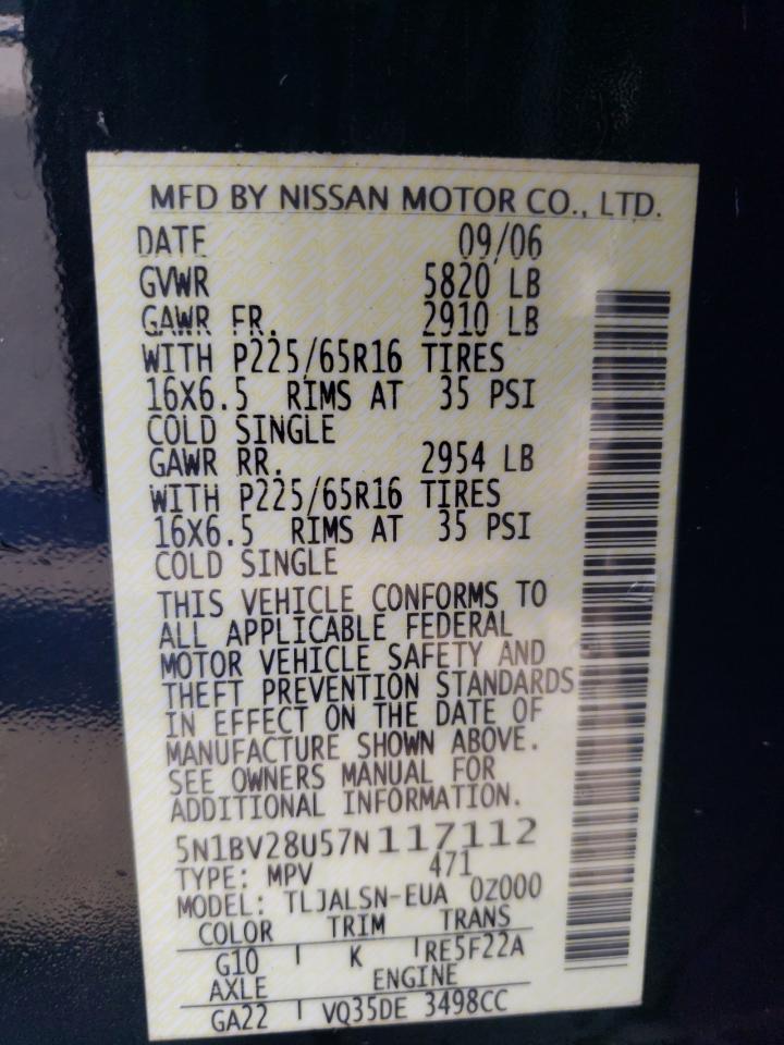 2007 Nissan Quest S VIN: 5N1BV28U57N117112 Lot: 90074205