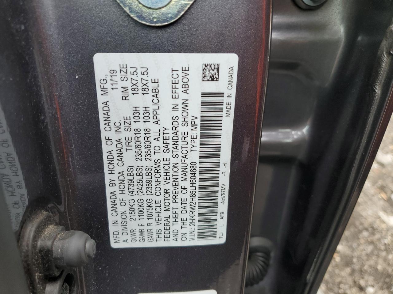 2020 Honda Cr-V Exl VIN: 2HKRW2H85LH604680 Lot: 82406685