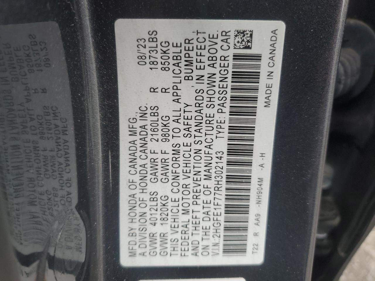 2024 Honda Civic Ex VIN: 2HGFE1F77RH302143 Lot: 82437765