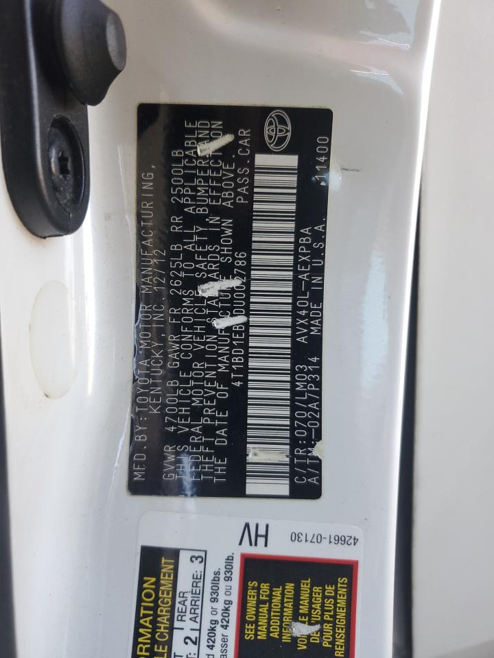 2013 Toyota Avalon Hybrid VIN: 4T1BD1EB7DU002786 Lot: 84990905