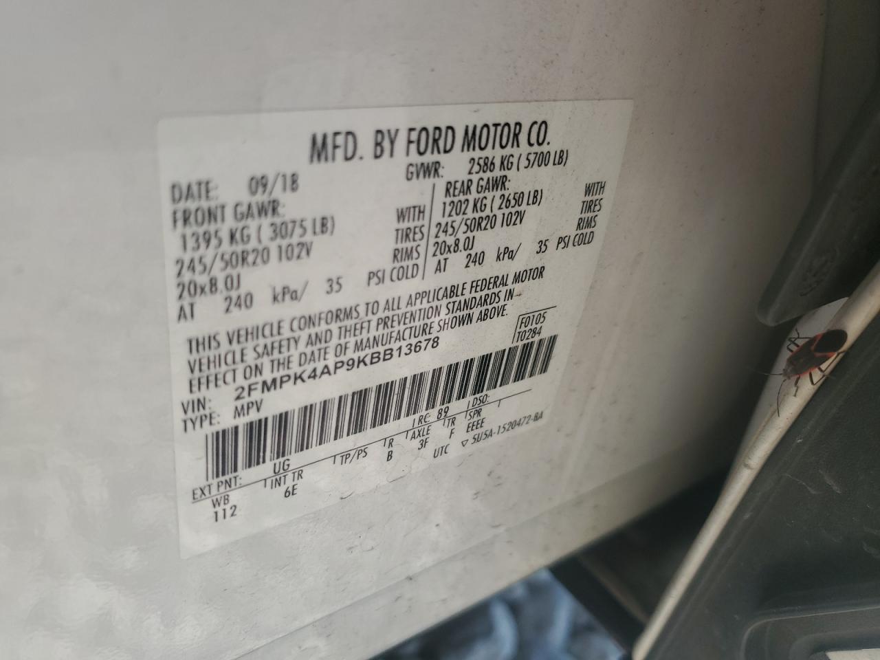 2019 Ford Edge St VIN: 2FMPK4AP9KBB13678 Lot: 84925735