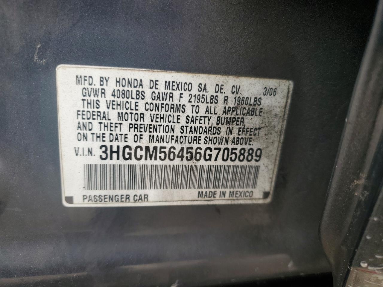 2006 Honda Accord Lx VIN: 3HGCM56456G705889 Lot: 85102185