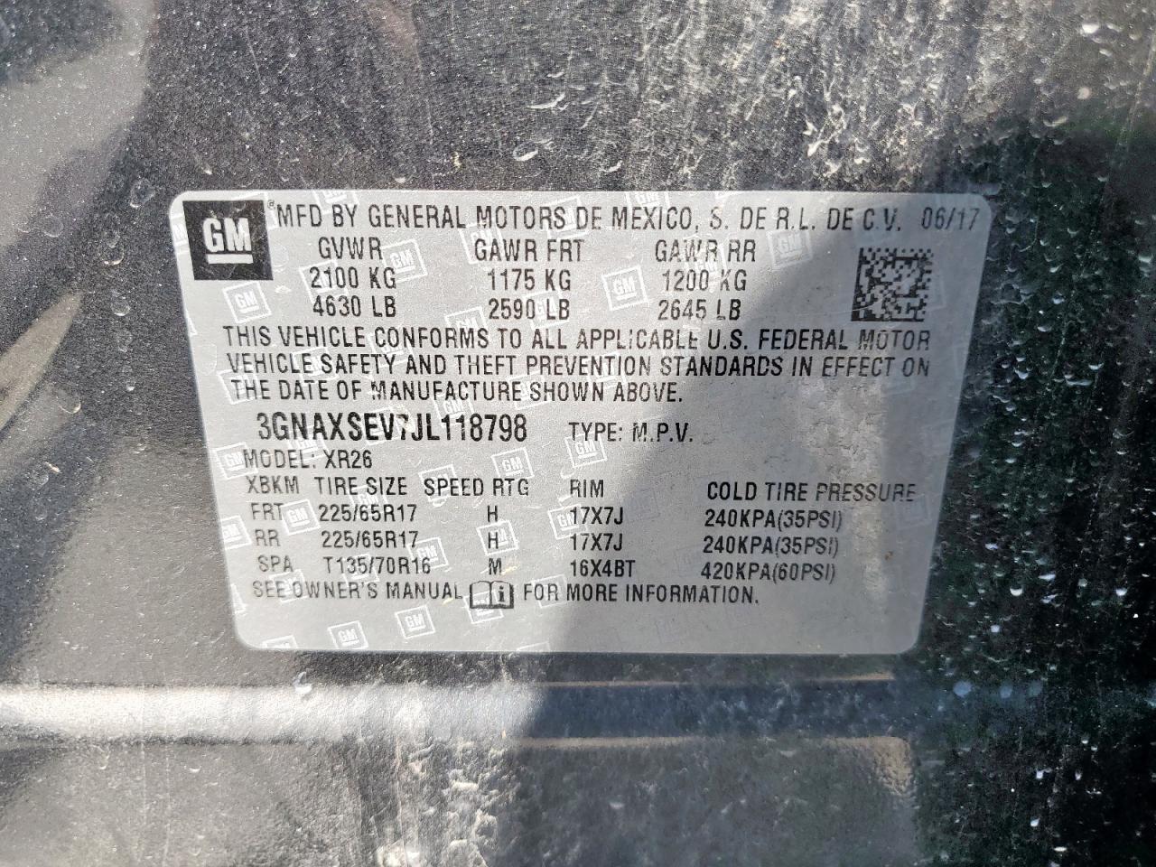 2018 Chevrolet Equinox Lt VIN: 3GNAXSEV7JL118798 Lot: 84652495