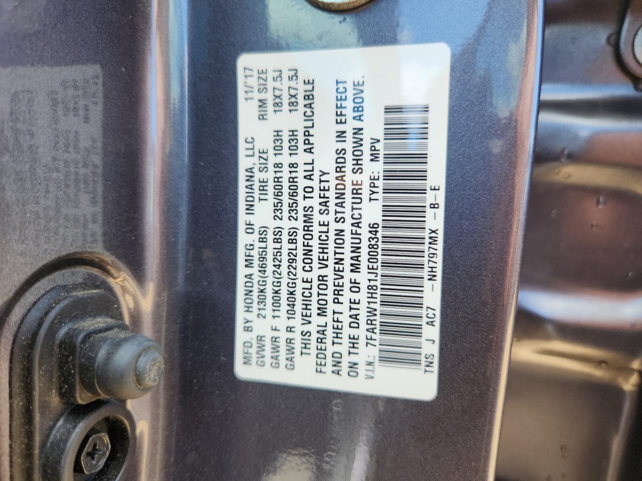 2018 Honda Cr-V Exl VIN: 7FARW1H81JE008346 Lot: 84302635