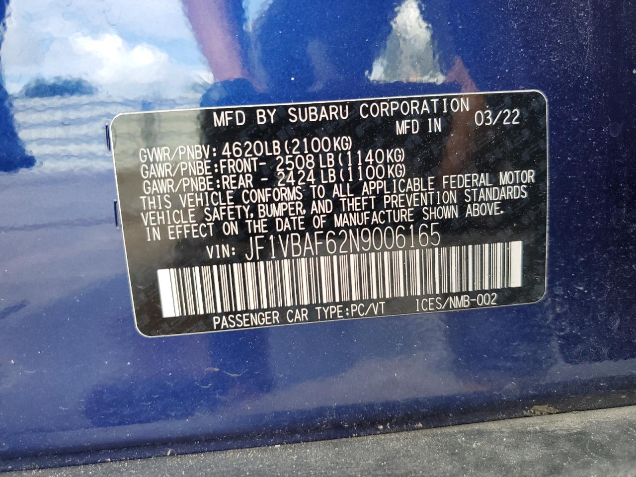 2022 Subaru Wrx Premium VIN: JF1VBAF62N9006165 Lot: 84879305