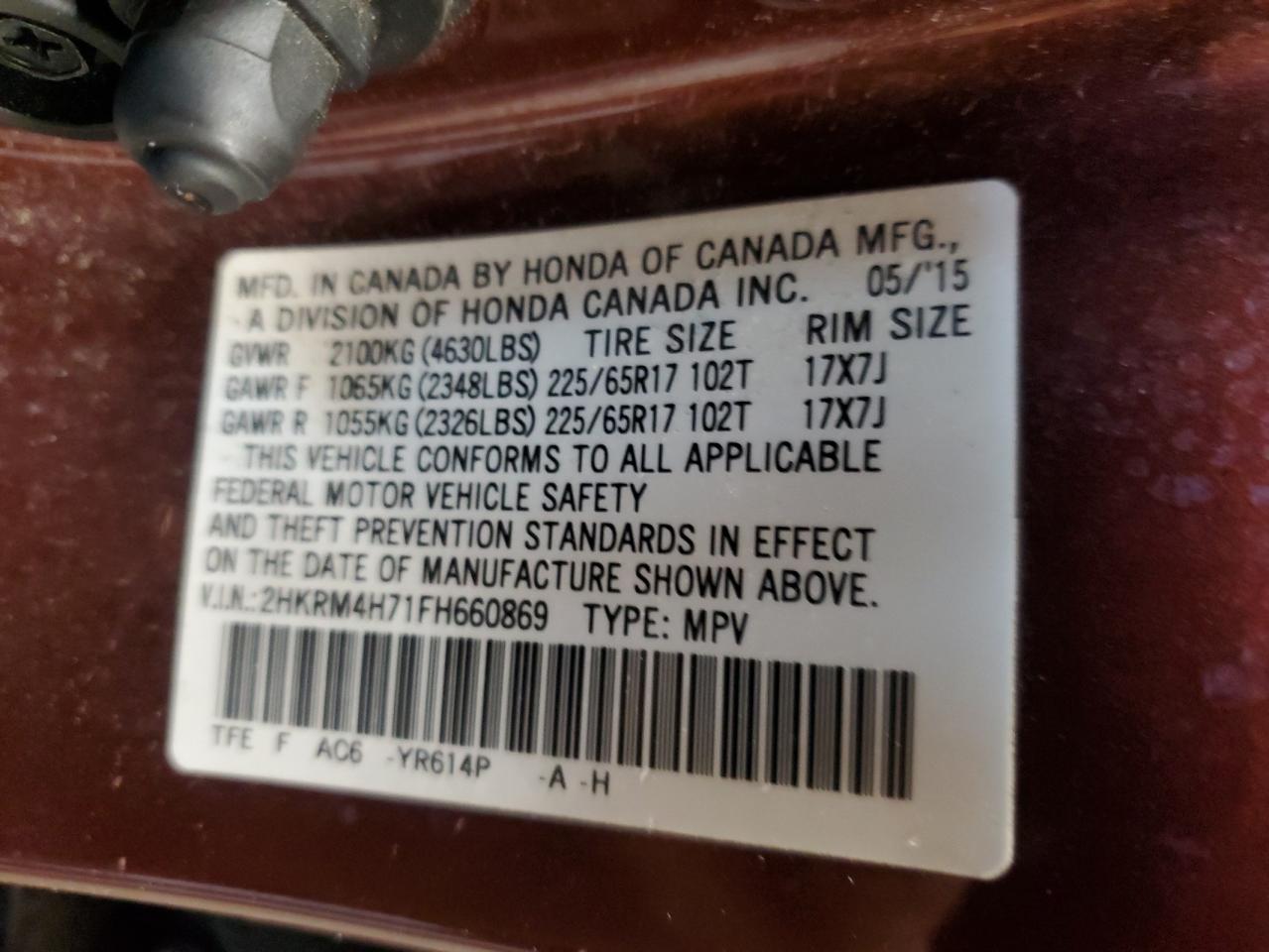 2015 Honda Cr-V Exl VIN: 2HKRM4H71FH660869 Lot: 86607545