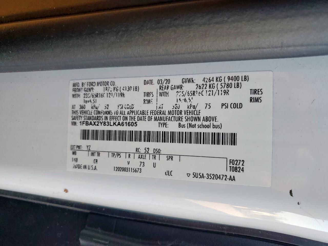 2020 Ford Transit T-350 VIN: 1FBAX2Y83LKA61605 Lot: 85422815