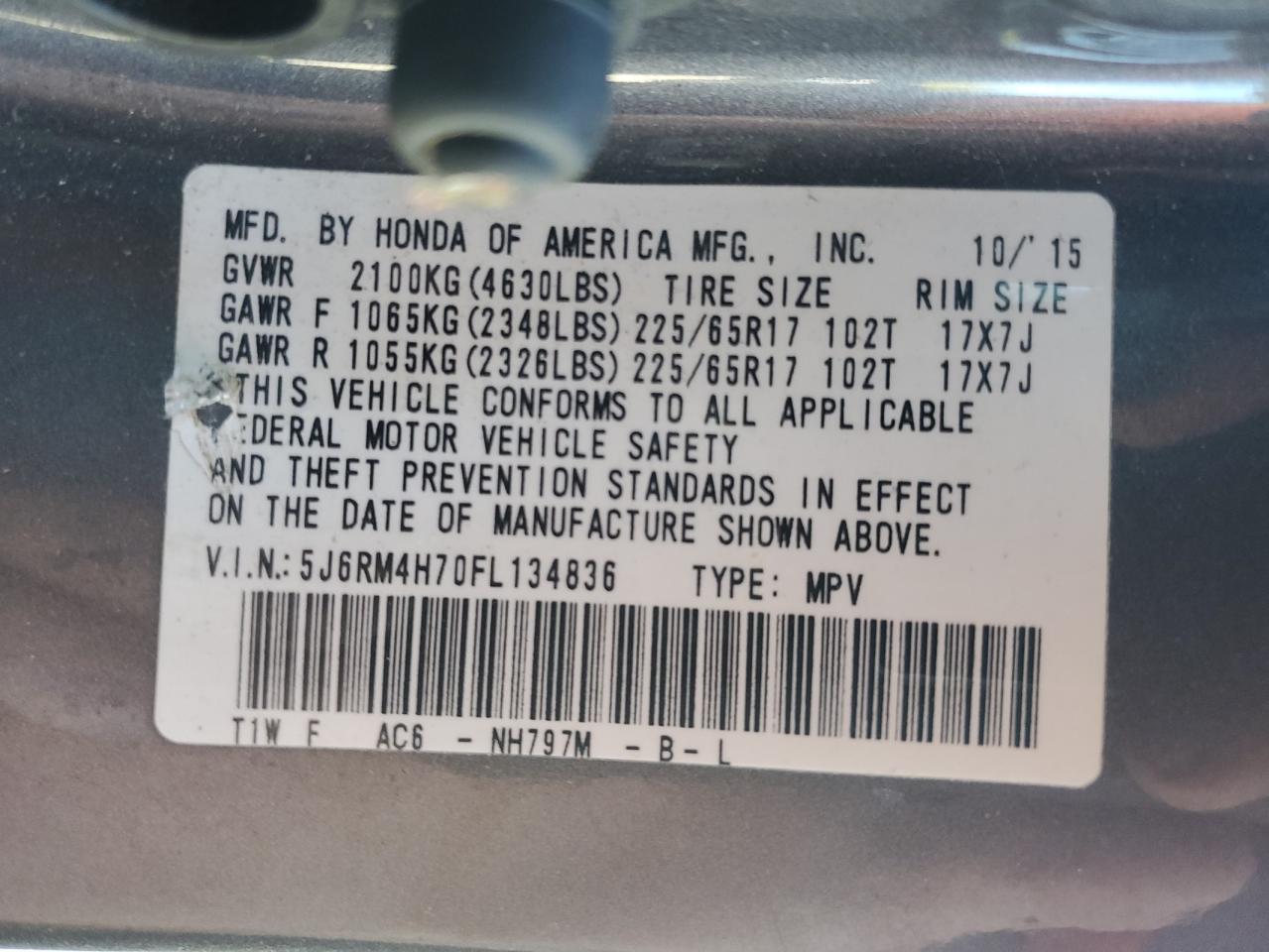 2015 Honda Cr-V Exl VIN: 5J6RM4H70FL134836 Lot: 82185435