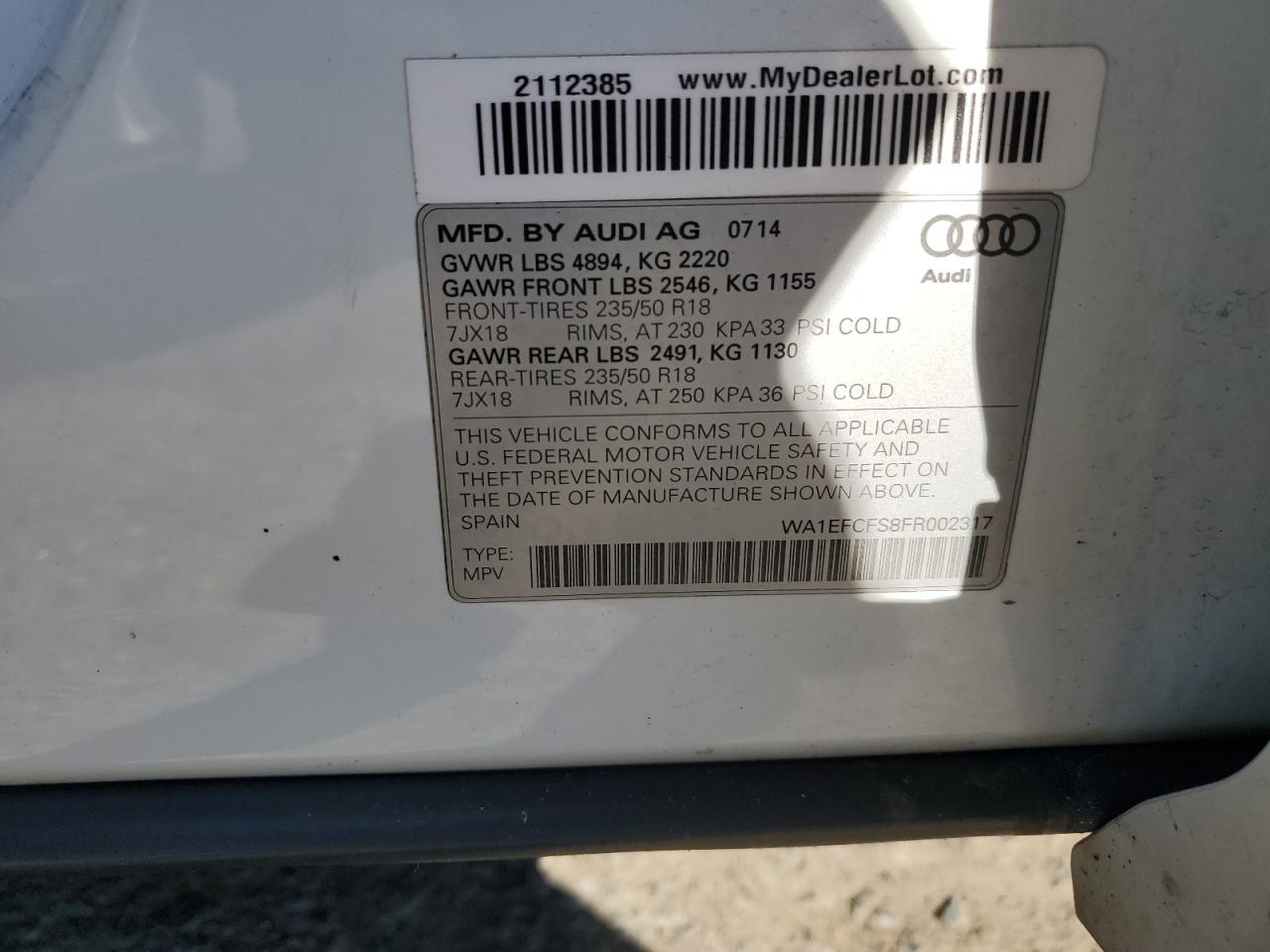 2015 Audi Q3 Premium Plus VIN: WA1EFCFS8FR002317 Lot: 82366715