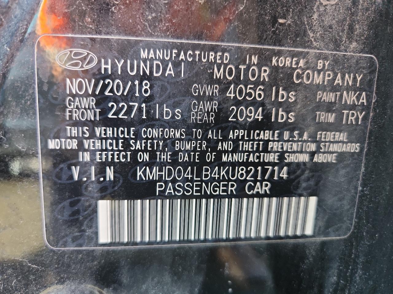 2019 Hyundai Elantra Sport VIN: KMHD04LB4KU821714 Lot: 86138325