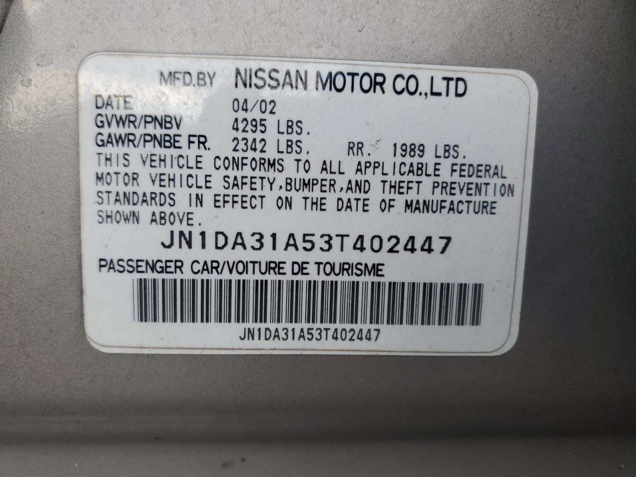 2003 Nissan Maxima Gle VIN: JN1DA31A53T402447 Lot: 90506095