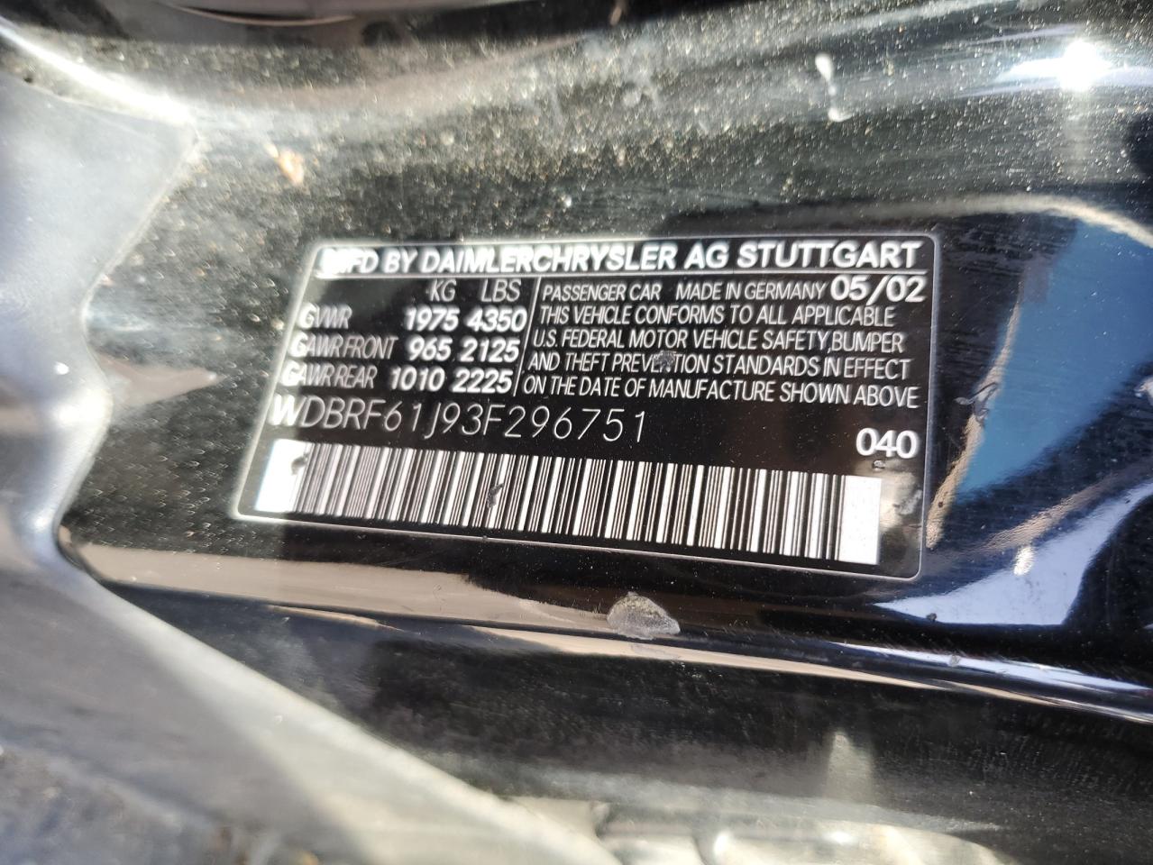 2003 Mercedes-Benz C 240 VIN: WDBRF61J93F296751 Lot: 82708365