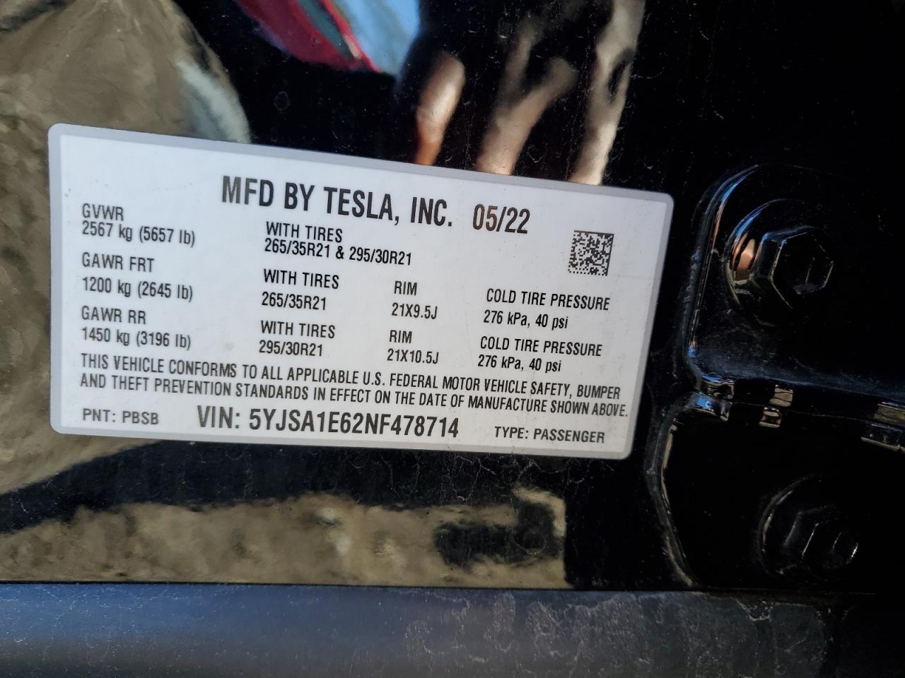 2022 Tesla Model S VIN: 5YJSA1E62NF478714 Lot: 90412825