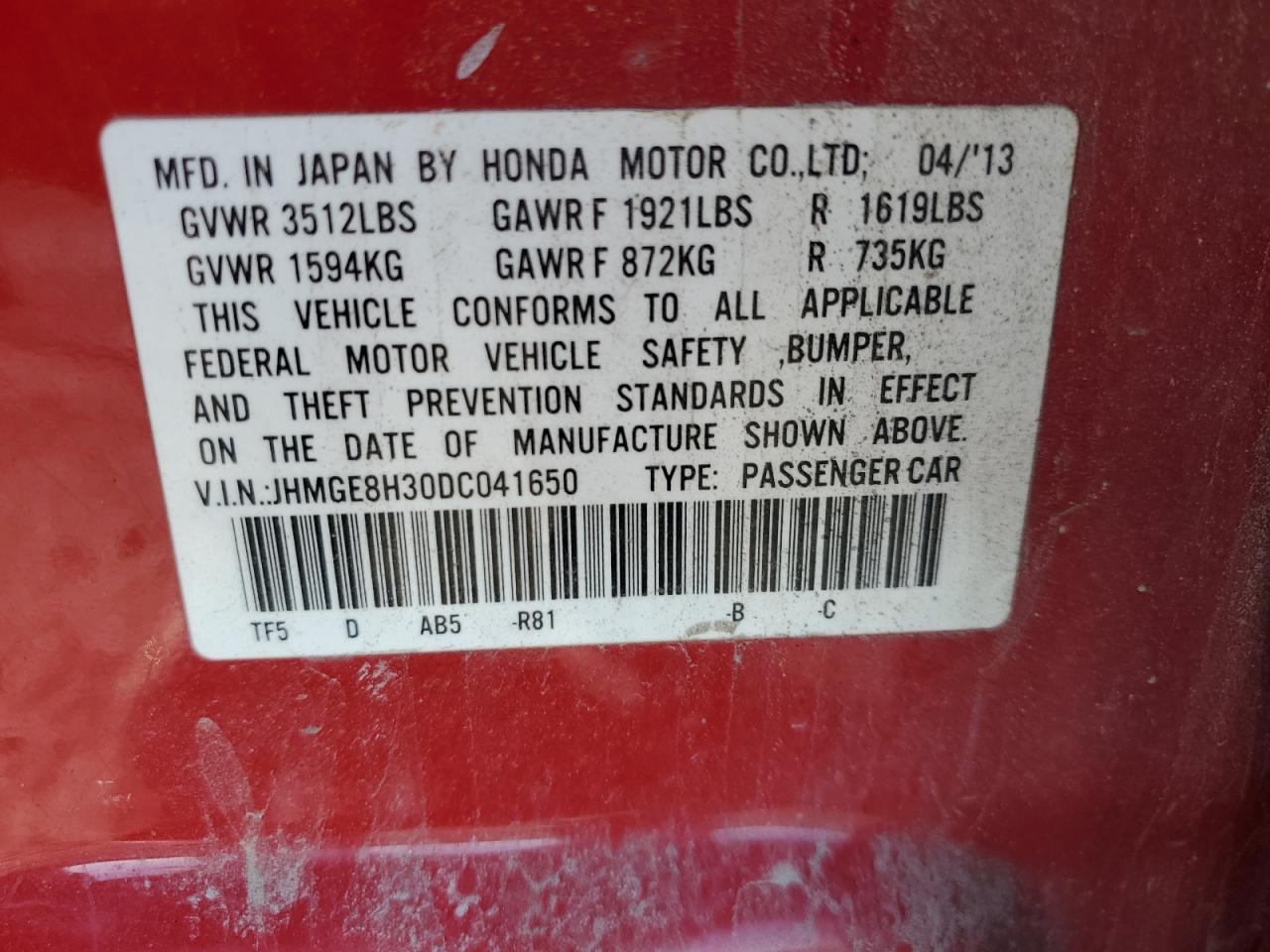 2013 Honda Fit VIN: JHMGE8H30DC041650 Lot: 82235045