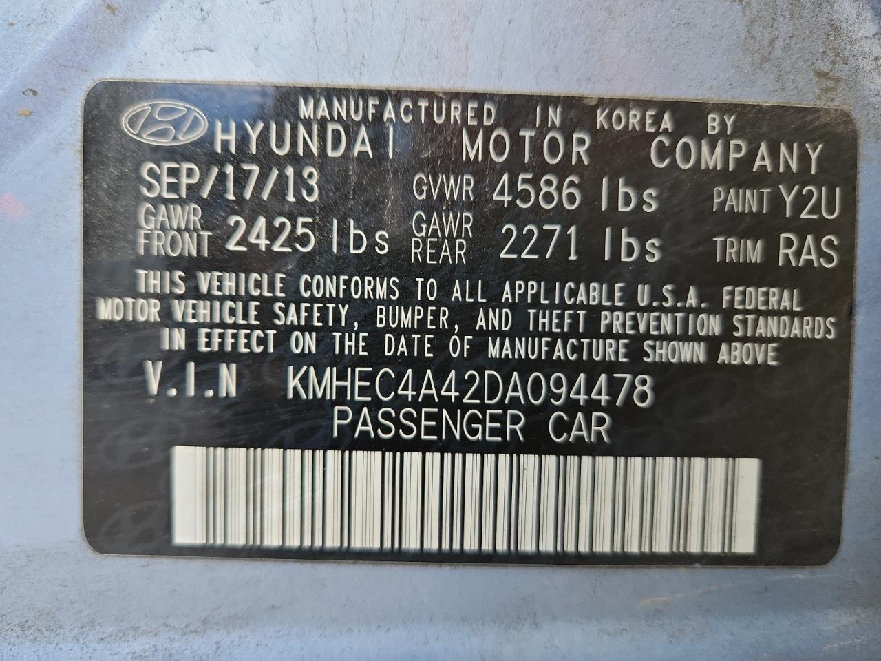 2013 Hyundai Sonata Hybrid VIN: KMHEC4A42DA094478 Lot: 82459735