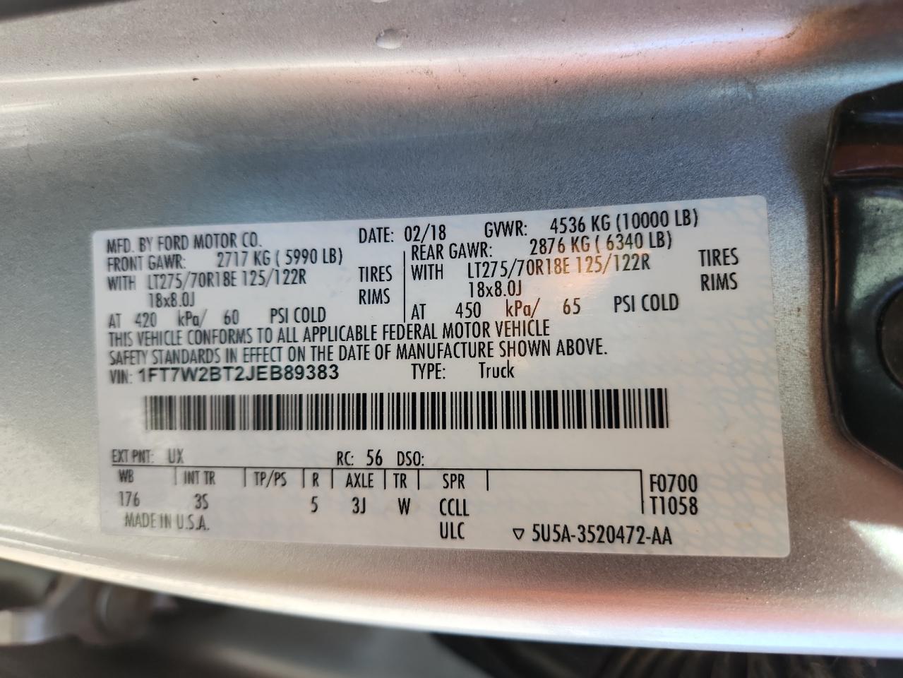 2018 Ford F250 Super Duty VIN: 1FT7W2BT2JEB89383 Lot: 85720765