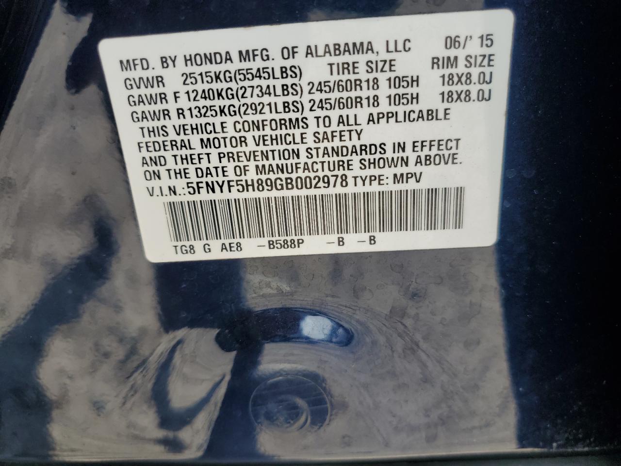 2016 Honda Pilot Exl VIN: 5FNYF5H89GB002978 Lot: 89444625