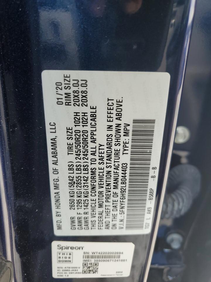 2020 Honda Pilot Touring VIN: 5FNYF6H92LB044403 Lot: 82322715