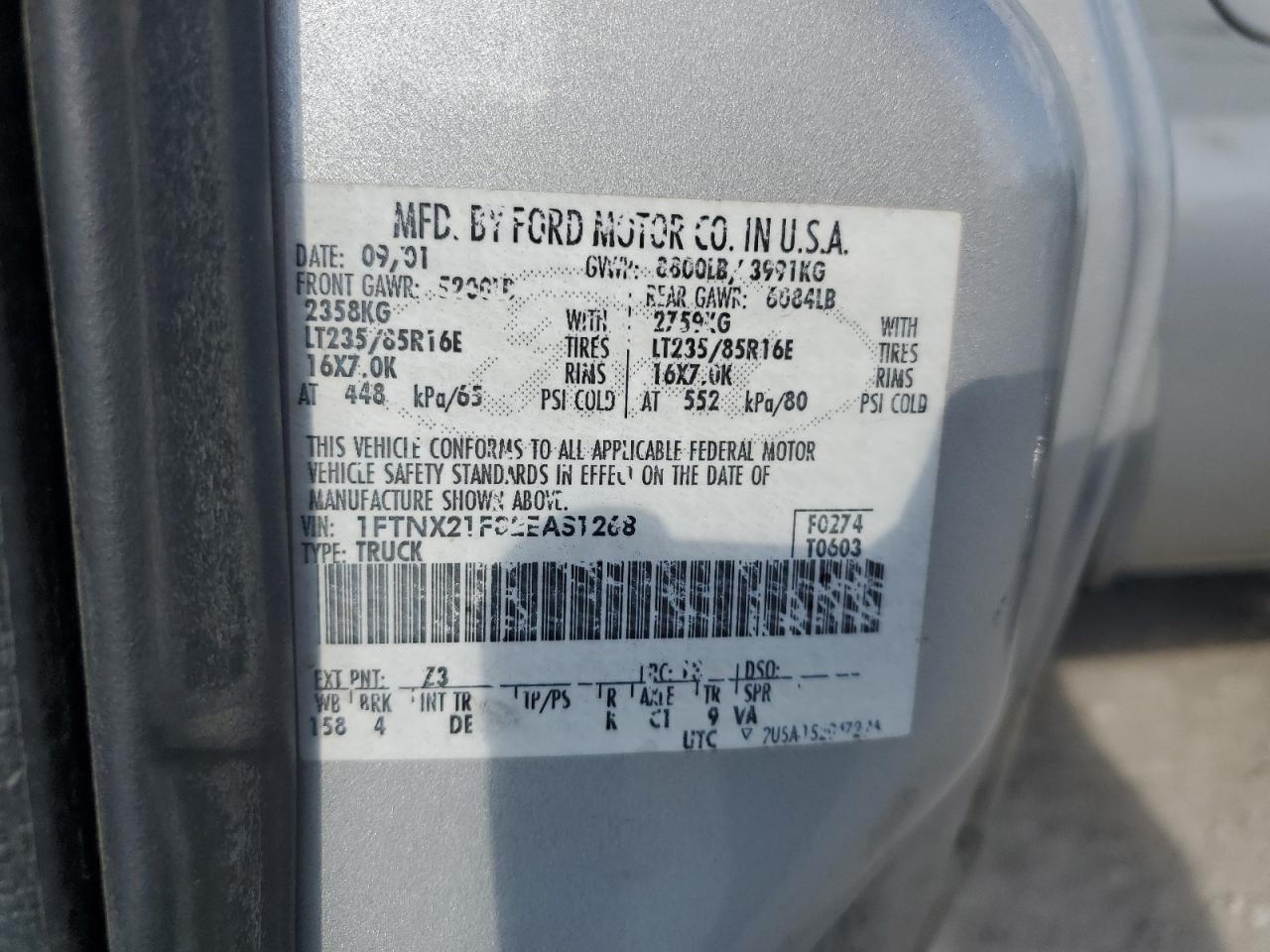 2002 Ford Super Duty F250 Xlt VIN: 1FTNX21F82EA81268 Lot: 85601745