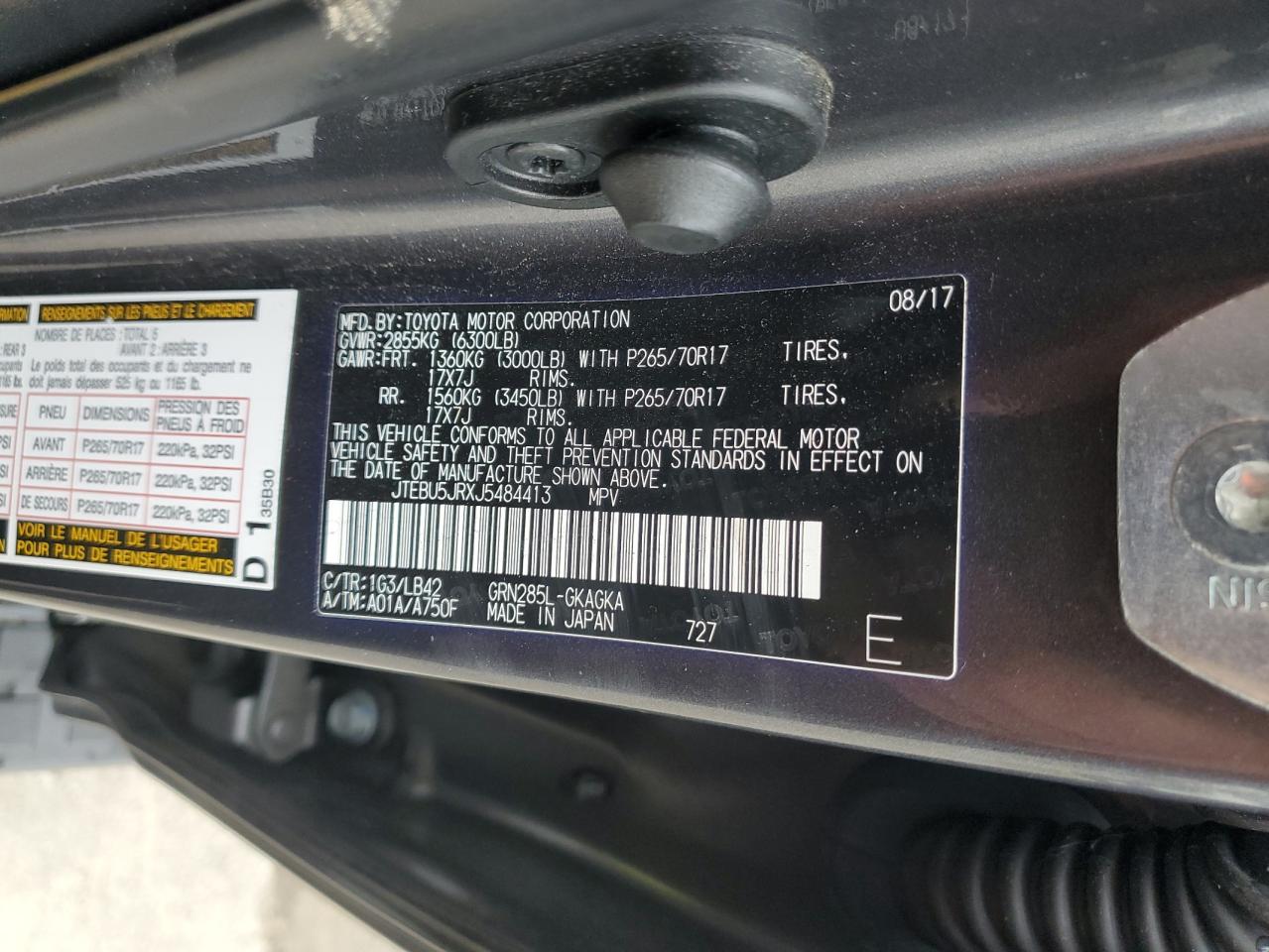 2018 Toyota 4Runner Sr5/Sr5 Premium VIN: JTEBU5JRXJ5484413 Lot: 89829795