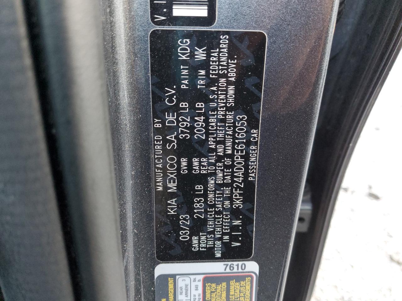 2023 Kia Forte Lx VIN: 3KPF24AD0PE616053 Lot: 89707215