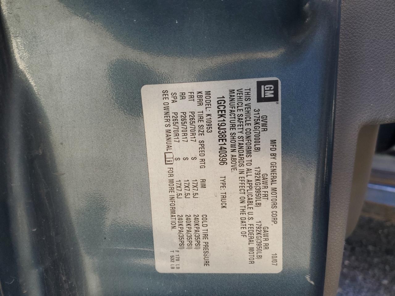 2008 Chevrolet Silverado K1500 VIN: 1GCEK19J38E140396 Lot: 86062685