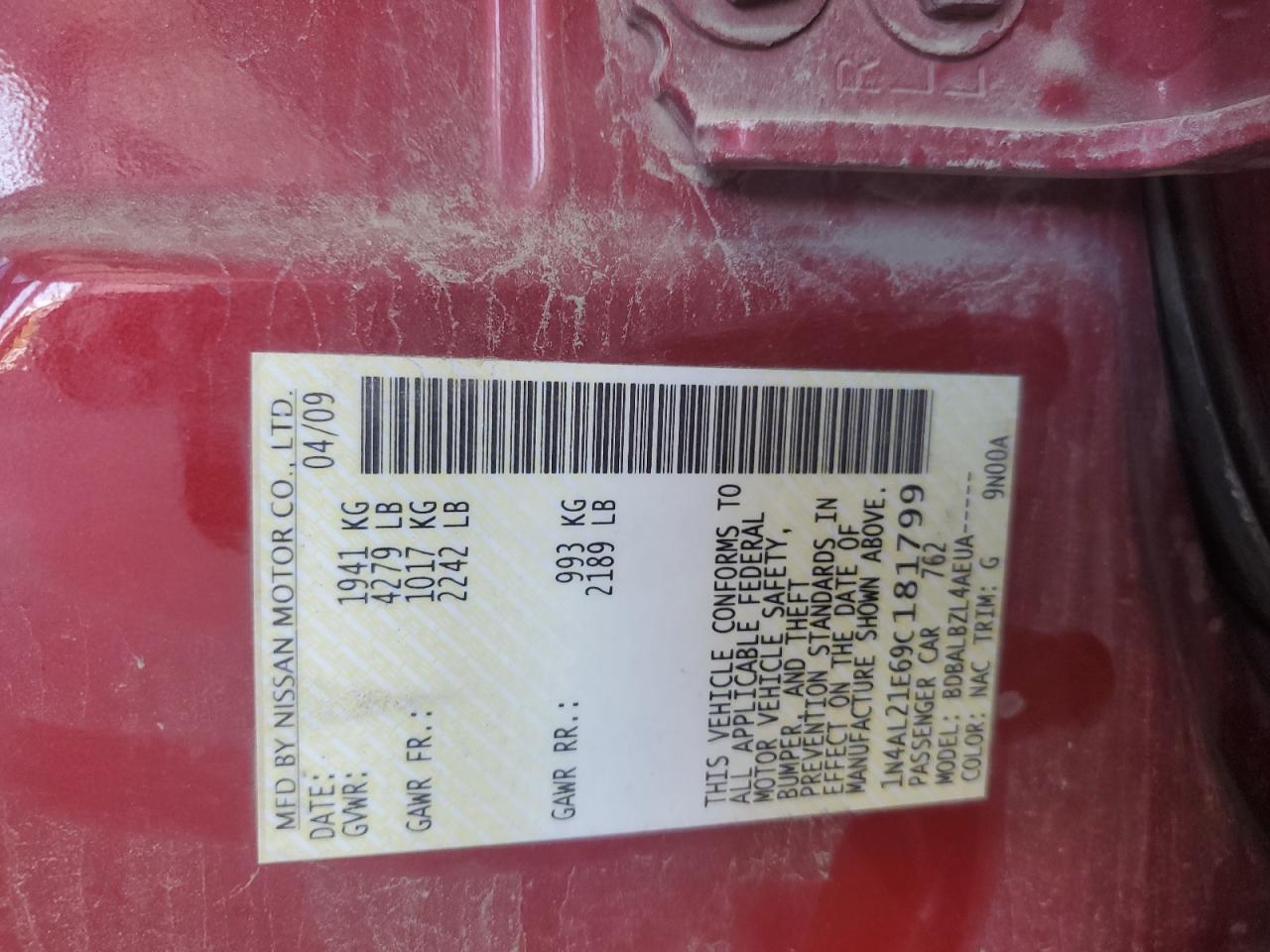 2009 Nissan Altima 2.5 VIN: 1N4AL21E69C181799 Lot: 84400735