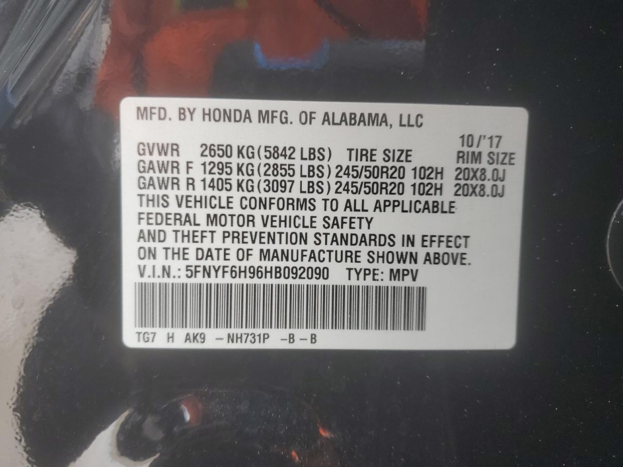 2017 Honda Pilot Touring VIN: 5FNYF6H96HB092090 Lot: 85154595