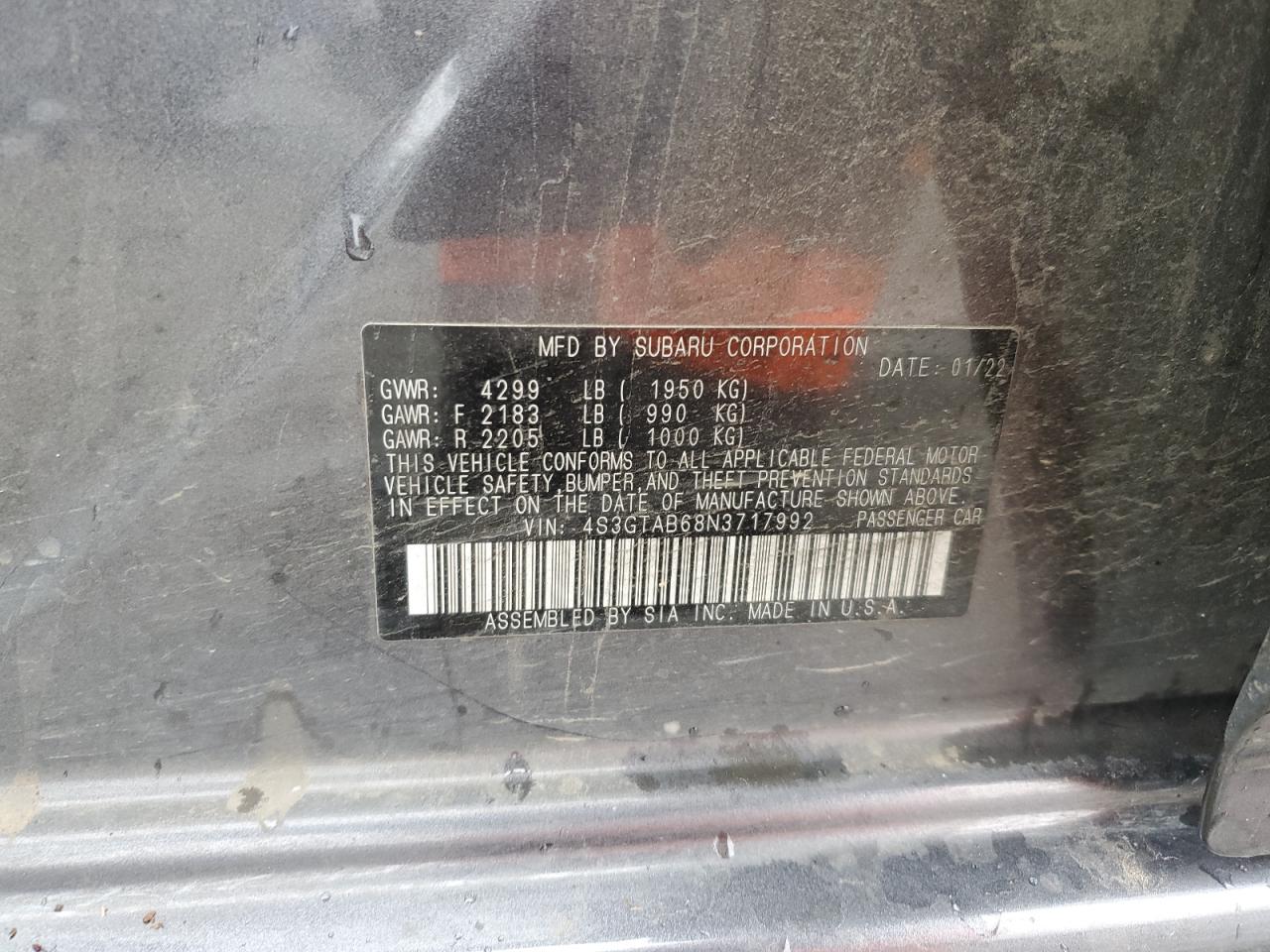 2022 Subaru Impreza VIN: 4S3GTAB68N3717992 Lot: 84059015