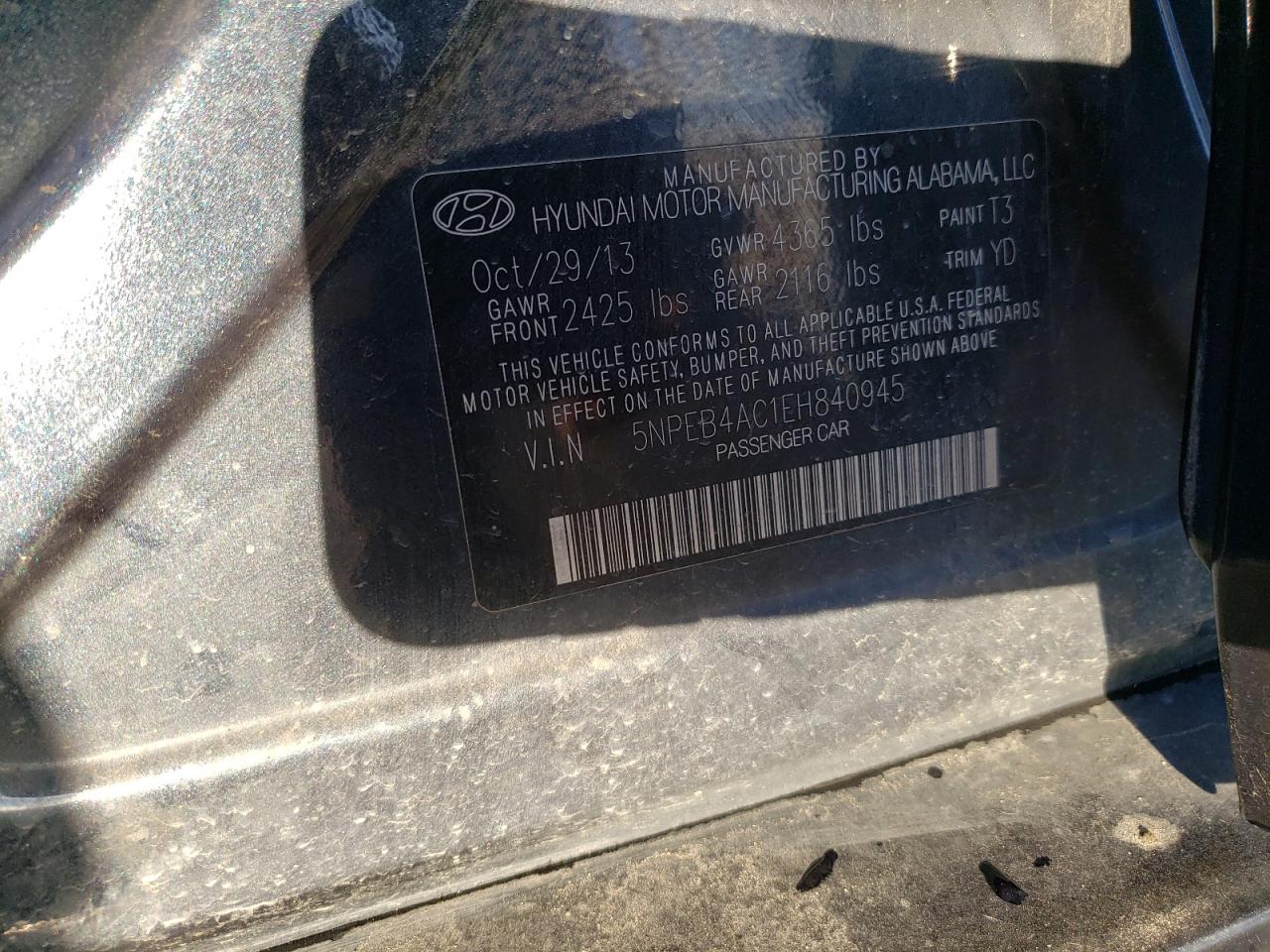 2014 Hyundai Sonata Gls VIN: 5NPEB4AC1EH840945 Lot: 82502615