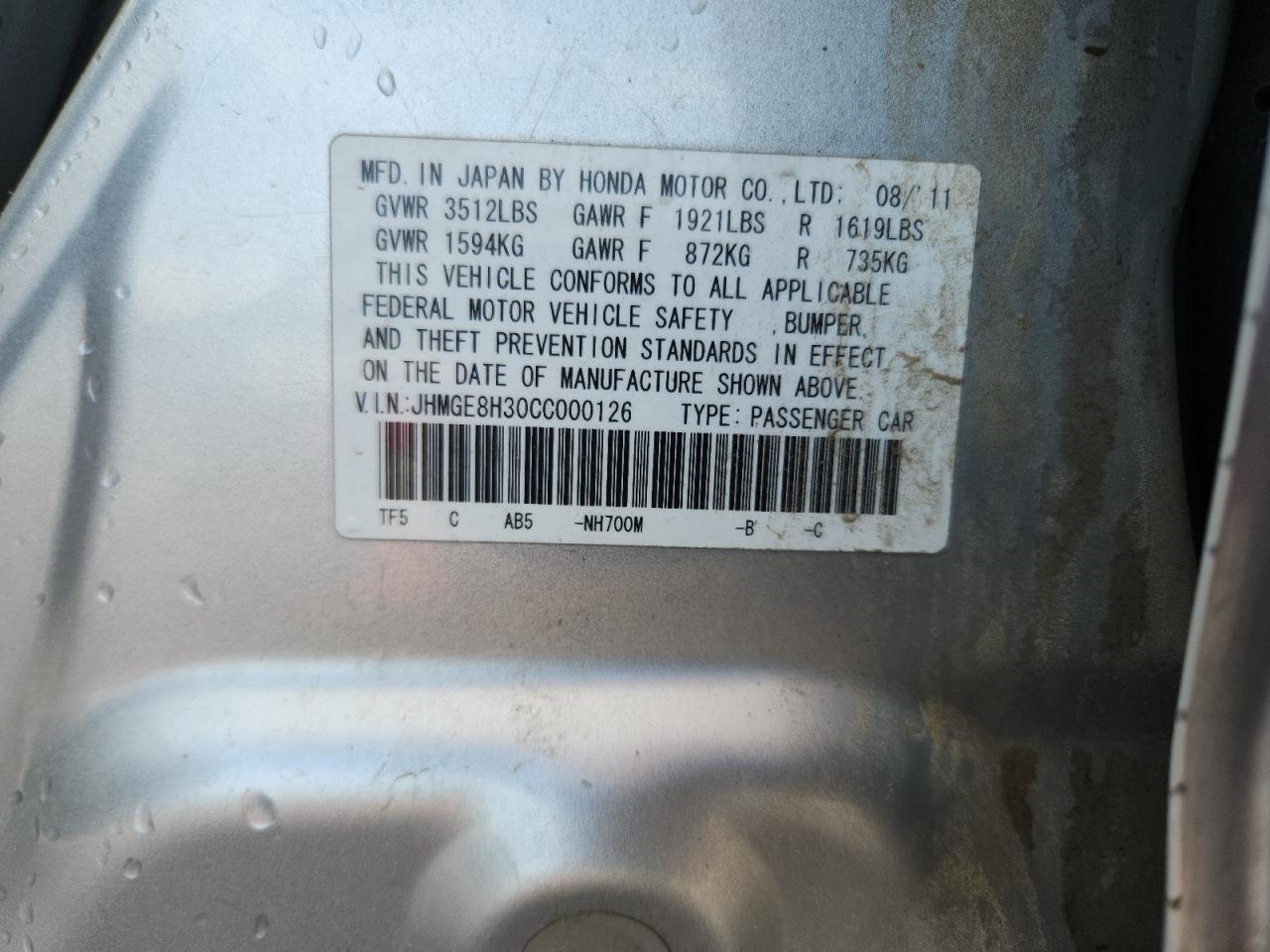 2012 Honda Fit VIN: JHMGE8H30CC000126 Lot: 85537125