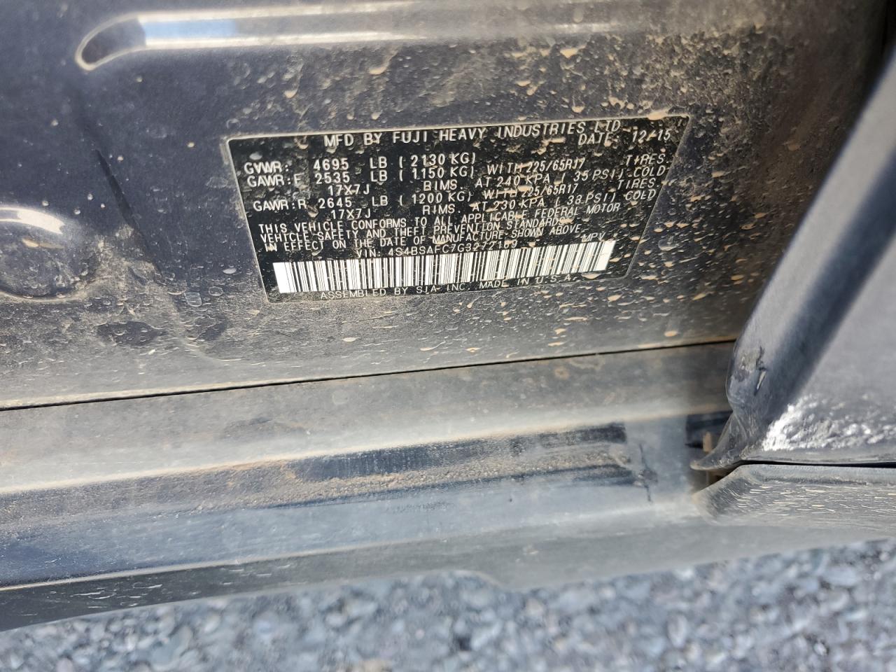 2016 Subaru Outback 2.5I Premium VIN: 4S4BSAFC7G3272169 Lot: 85530515