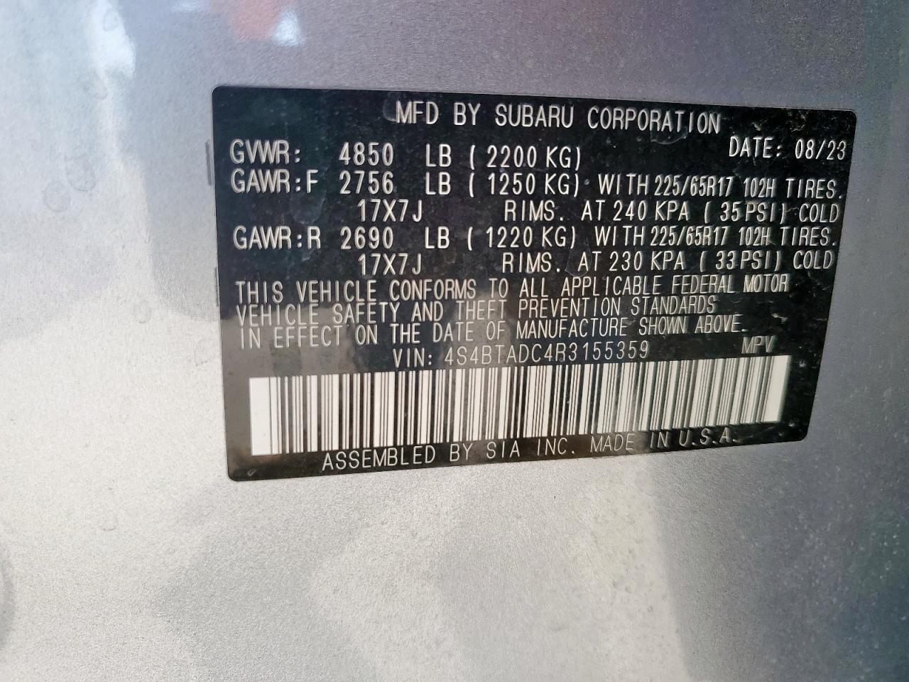 2024 Subaru Outback Premium VIN: 4S4BTADC4R3155359 Lot: 85179845