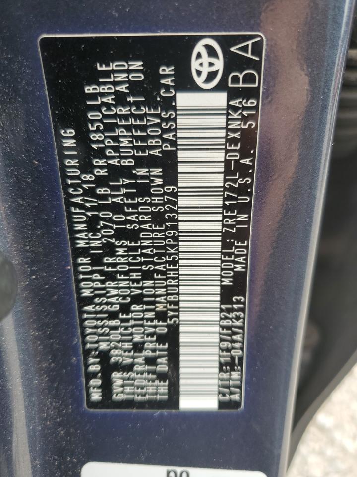 2019 Toyota Corolla L VIN: 5YFBURHE5KP913279 Lot: 86072585