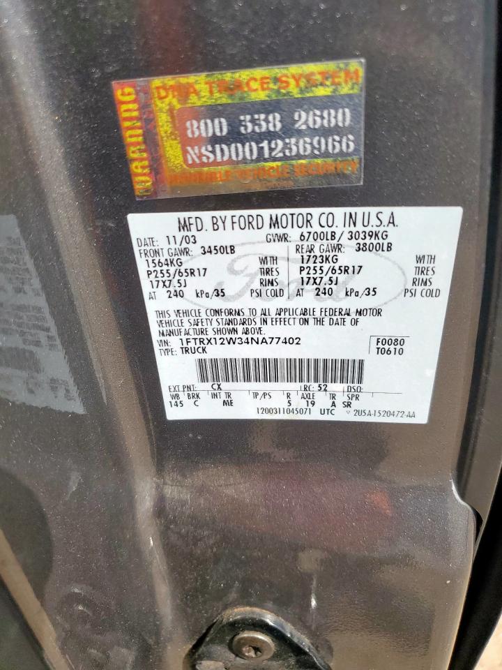 2004 Ford F150 VIN: 1FTRX12W34NA77402 Lot: 85189805