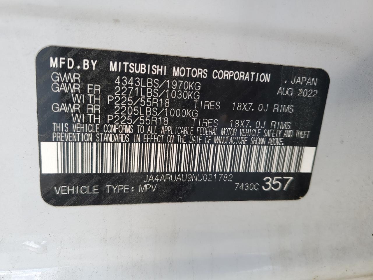 2022 Mitsubishi Outlander Sport Es VIN: JA4ARUAU9NU021782 Lot: 87249595