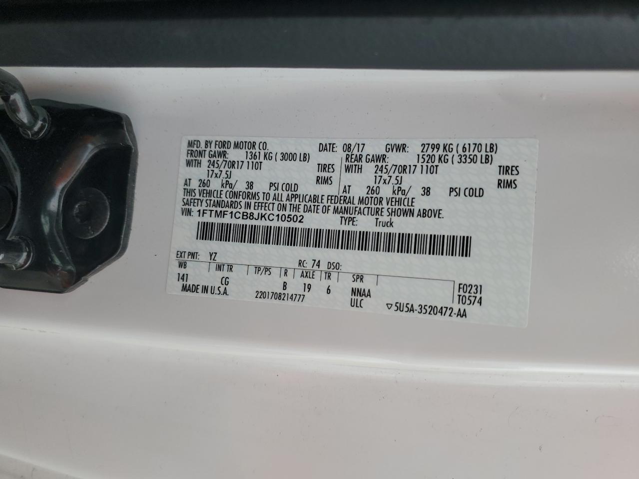 2018 Ford F150 VIN: 1FTMF1CB8JKC10502 Lot: 82260675