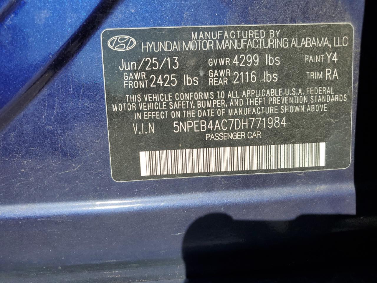 2013 Hyundai Sonata Gls VIN: 5NPEB4AC7DH771984 Lot: 90640535