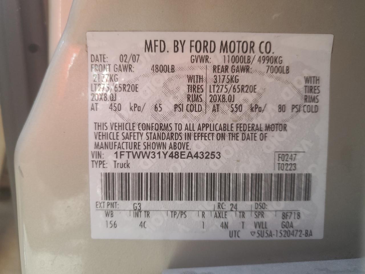 2008 Ford F350 Srw Super Duty VIN: 1FTWW31Y48EA43253 Lot: 81808195