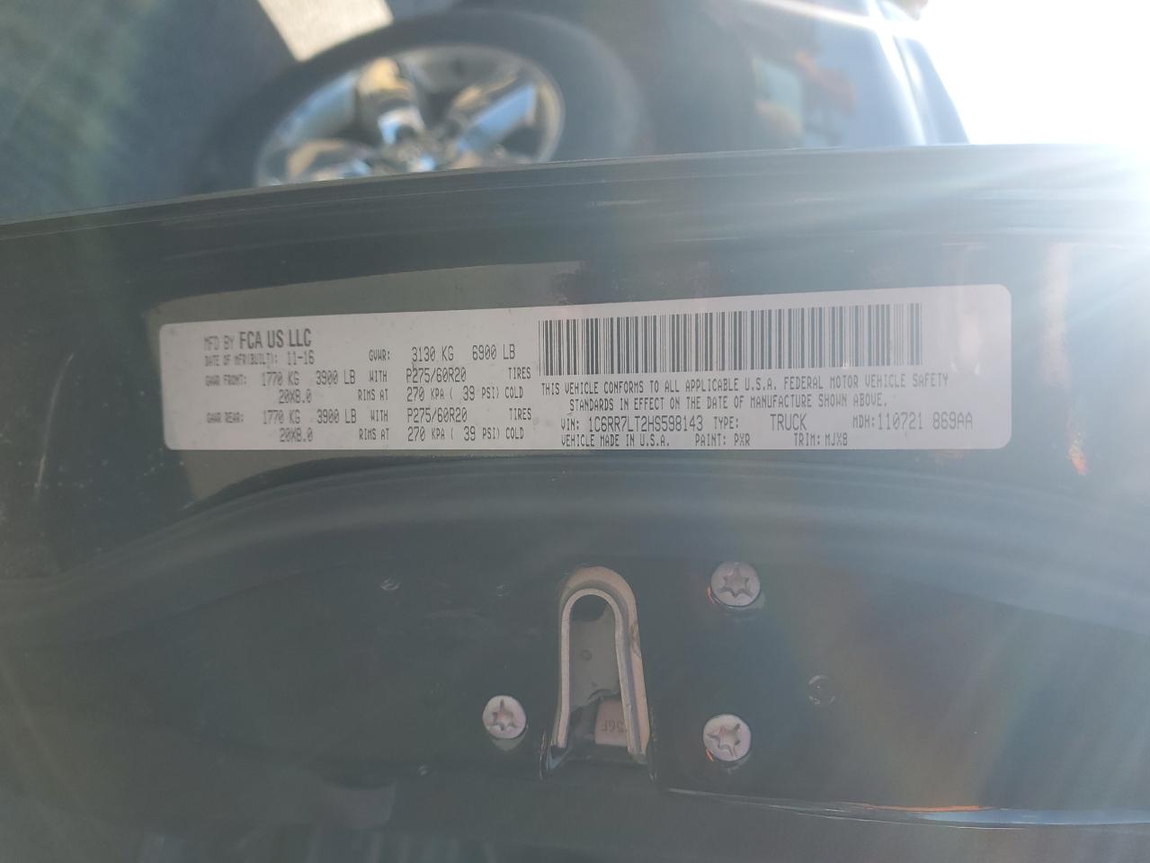 2017 Ram 1500 Slt VIN: 1C6RR7LT2HS598143 Lot: 89516855