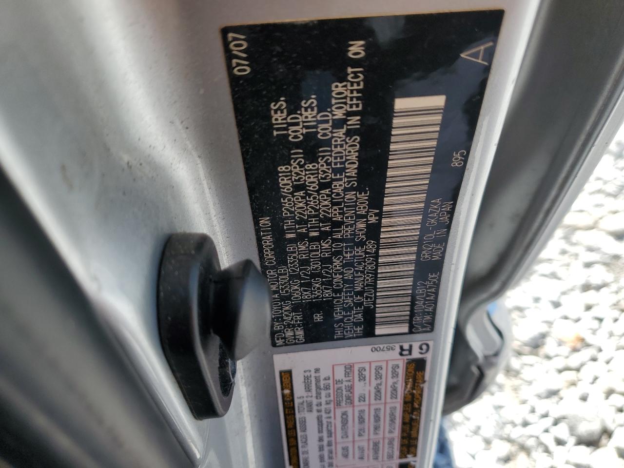 2007 Toyota 4Runner Limited VIN: JTEZU17R978091489 Lot: 82404835