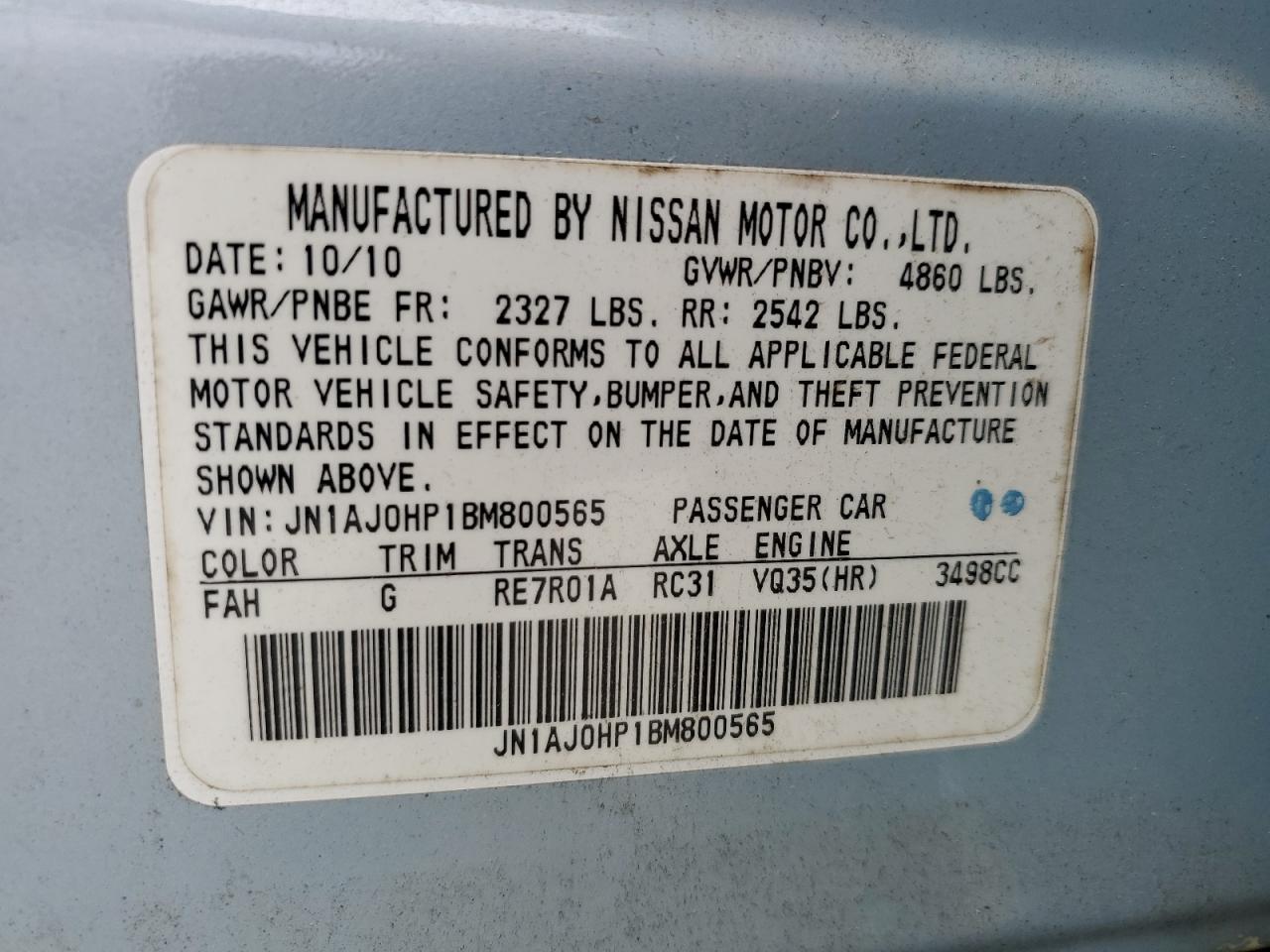 2011 Infiniti Ex35 Base VIN: JN1AJ0HP1BM800565 Lot: 85146865