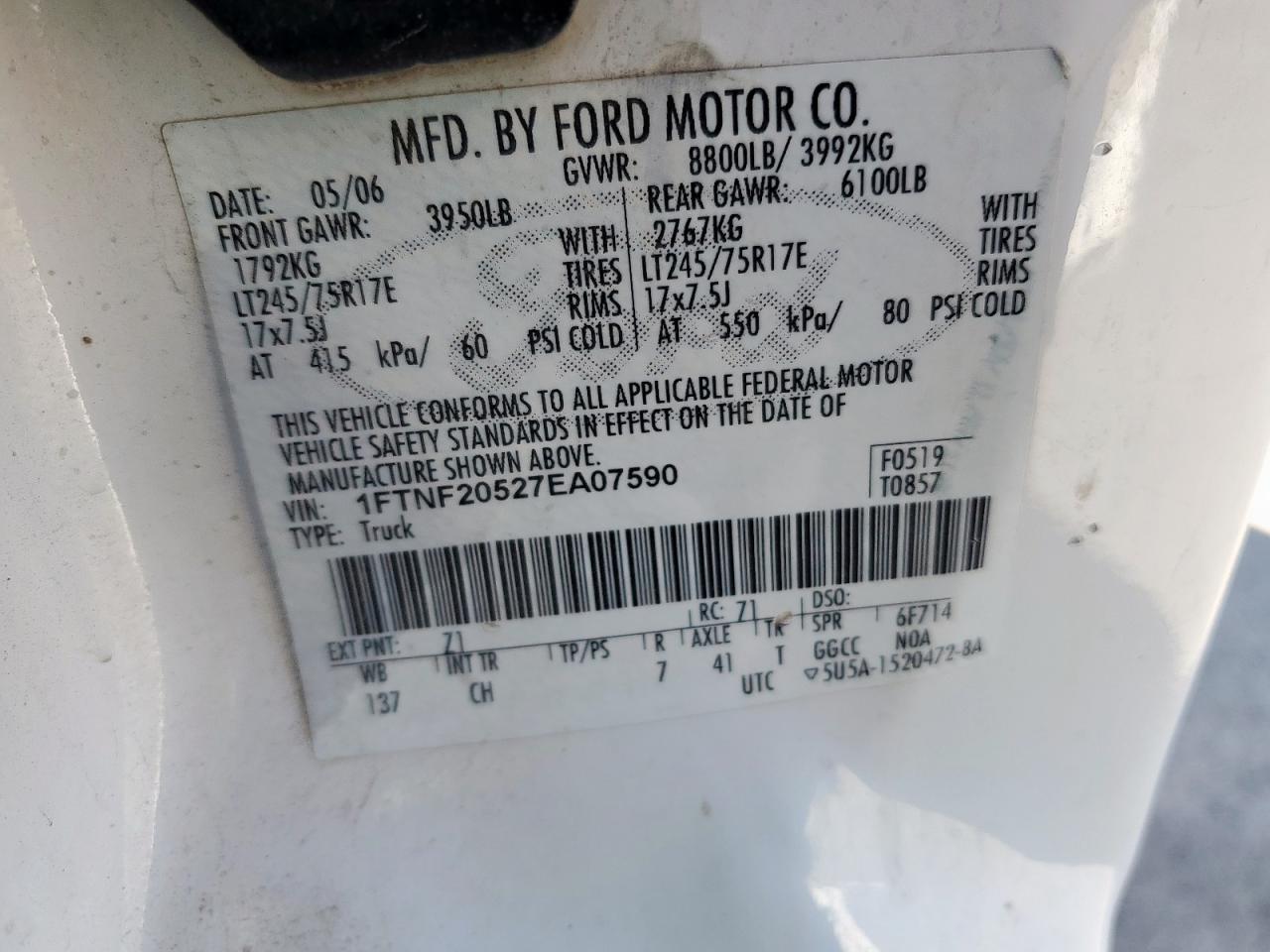 2007 Ford F250 Super Duty VIN: 1FTNF20527EA07590 Lot: 85531075