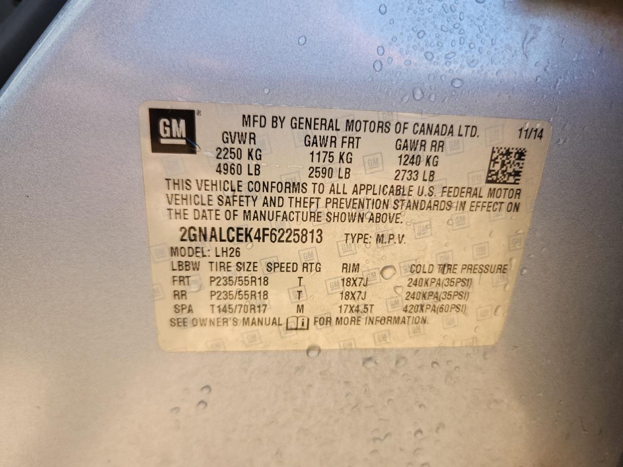 2015 Chevrolet Equinox Lt VIN: 2GNALCEK4F6225813 Lot: 84655895