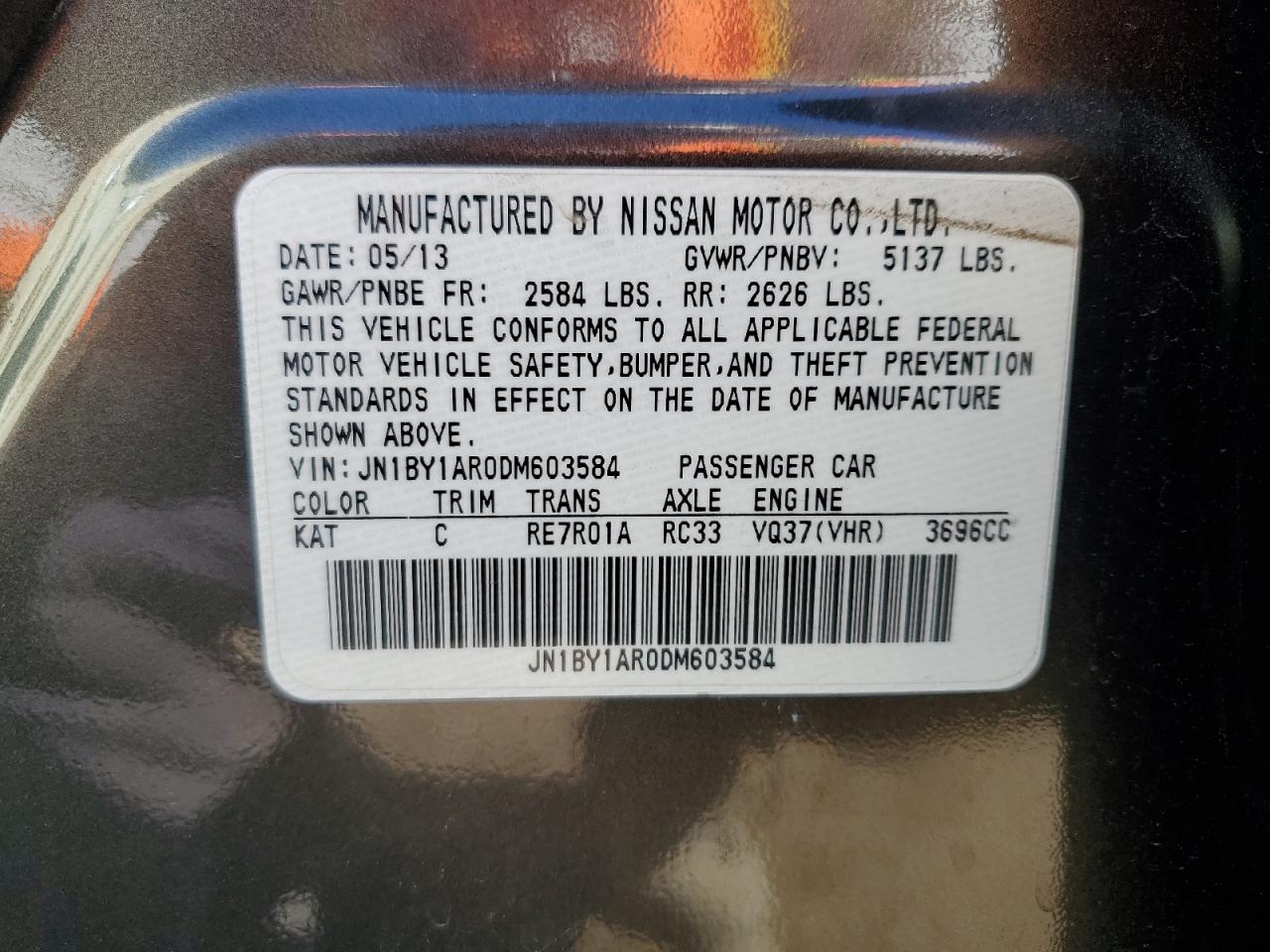 2013 Infiniti M37 X VIN: JN1BY1AR0DM603584 Lot: 86655385